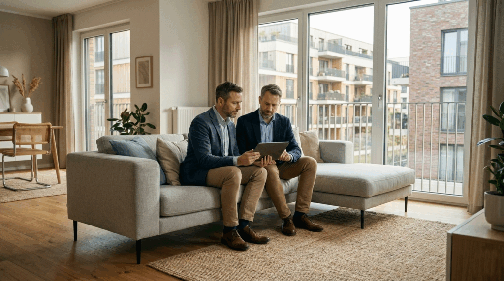 Ein queeres Paar mittleren Alters sitzt konzentriert und zuversichtlich auf einem grauen Sofa in einem lichtdurchfluteten, modernen Wohnzimmer. Sie betrachten gemeinsam eine Immobiliensuche auf einem Tablet. Im Hintergrund blickt man durch ein großes Fenster auf zeitlose, moderne Stadthäuser unter natürlichem Tageslicht. Die Szene vermittelt Seriosität, Planung und Sicherheit im Bereich der Baufinanzierung.